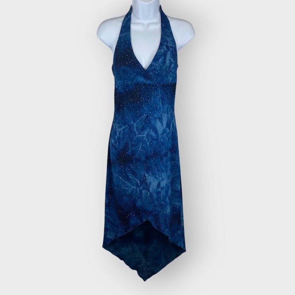 VTG Fairy Whimsy Goth Kiki USA Dress | M | Blue Sparkly | Halter Asymmetric Hem